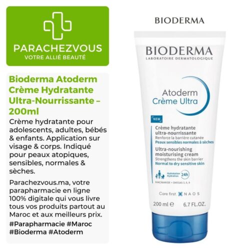 Produit de la marque Bioderma Atoderm Crème Hydratante Ultra-Nourrissante - 200ml sur un fond blanc, vert et gris avec un logo Parachezvous et celui de la marque Bioderma ainsi E7qu'une description qui détail les informations du produit