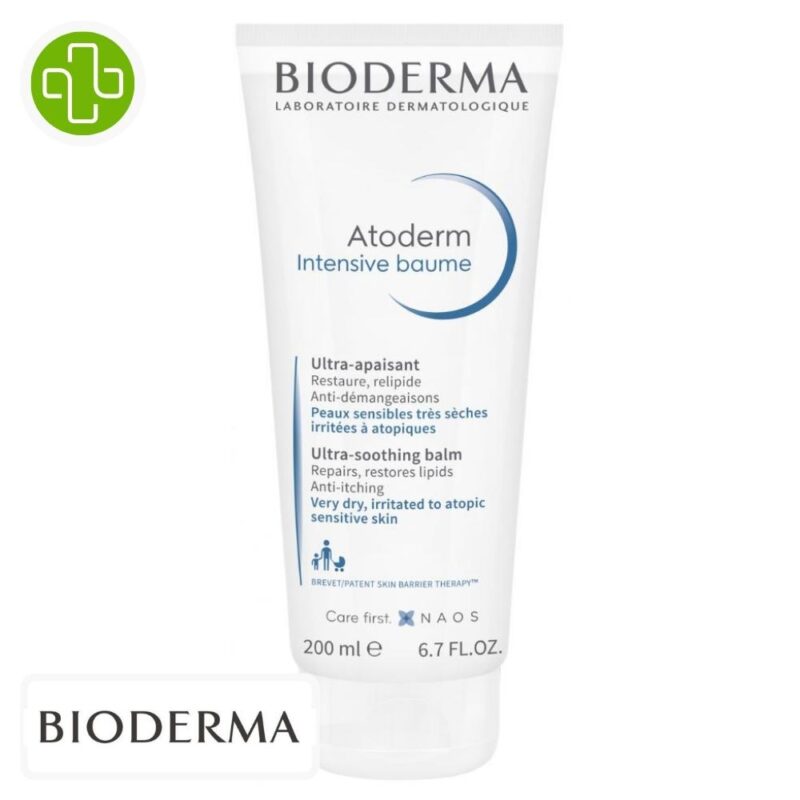 Produit de la marque Bioderma Atoderm Intensive Baume Ultra-Apaisant - 200ml sur un fond blanc avec un logo Parachezvous et celui de de la marque Bioderma