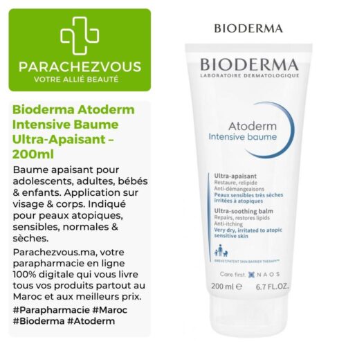 Produit de la marque Bioderma Atoderm Intensive Baume Ultra-Apaisant - 200ml sur un fond blanc, vert et gris avec un logo Parachezvous et celui de la marque Bioderma ainsi qu'une description qui détail les informations du produit