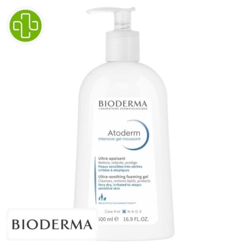 Produit de la marque Bioderma Atoderm Intensive Gel Moussant Nettoyant Ultra-Apaisant - 500ml sur un fond blanc avec un logo Parachezvous et celui de de la marque Bioderma
