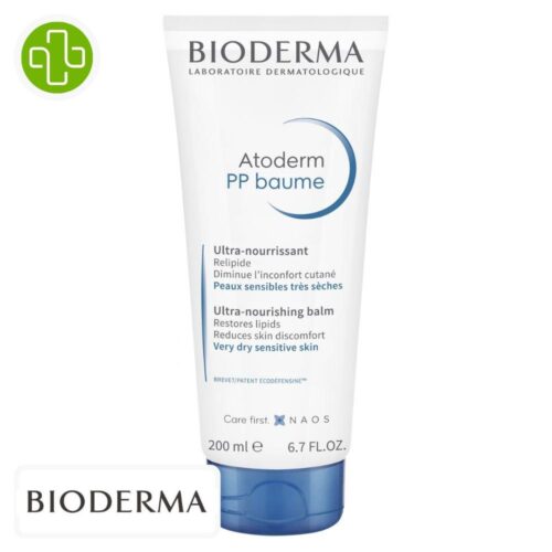 Produit de la marque Bioderma Atoderm PP Baume Ultra-Nourrissant - 200ml sur un fond blanc avec un logo Parachezvous et celui de de la marque Bioderma