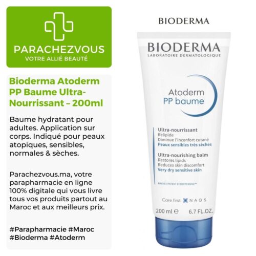 Produit de la marque Bioderma Atoderm PP Baume Ultra-Nourrissant - 200ml sur un fond blanc, vert et gris avec un logo Parachezvous et celui de la marque Bioderma ainsi qu'une description qui détail les informations du produit