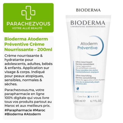 Produit de la marque Bioderma Atoderm Préventive Crème Nourrissante Dermo-Consolidante - 200ml sur un fond blanc, vert et gris avec un logo Parachezvous et celui de la marque Bioderma ainsi qu'une description qui détail les informations du produit