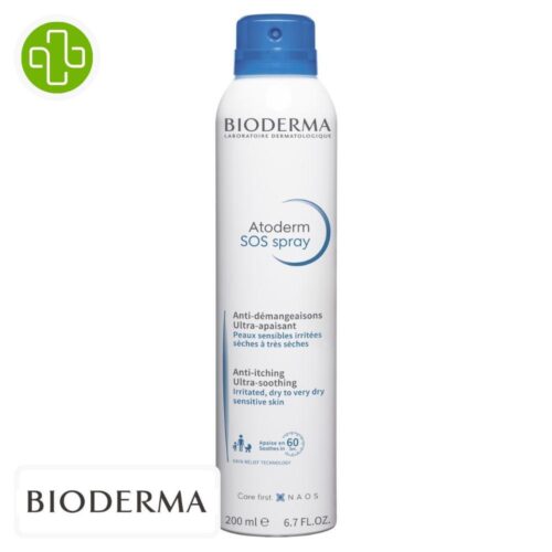 Produit de la marque Bioderma Atoderm SOS Spray Anti-Démangeaisons Ultra-Apaisant - 200ml sur un fond blanc avec un logo Parachezvous et celui de de la marque Bioderma