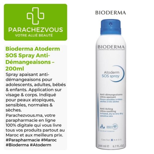 Produit de la marque Bioderma Atoderm SOS Spray Anti-Démangeaisons Ultra-Apaisant - 200ml sur un fond blanc, vert et gris avec un logo Parachezvous et celui de la marque Bioderma ainsi qu'une description qui détail les informations du produit