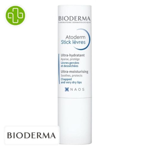 Produit de la marque Bioderma Atoderm Stick Lèvres Ultra-Hydratant - 4g sur un fond blanc avec un logo Parachezvous et celui de de la marque Bioderma
