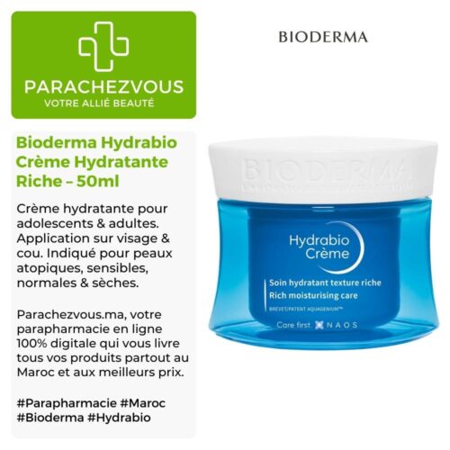 Produit de la marque Bioderma Hydrabio Crème Hydratante Riche - 50ml sur un fond blanc, vert et gris avec un logo Parachezvous et celui de la marque Bioderma ainsi qu'une description qui détail les informations du produit
