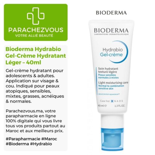 Produit de la marque Bioderma Hydrabio Gel-Crème Hydratant Léger - 40ml sur un fond blanc, vert et gris avec un logo Parachezvous et celui de la marque Bioderma ainsi qu'une description qui détail les informations du produit
