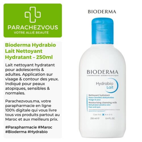 Produit de la marque Bioderma Hydrabio Lait Nettoyant Hydratant - 250ml sur un fond blanc, vert et gris avec un logo Parachezvous et celui de la marque Bioderma ainsi qu'une description qui détail les informations du produit