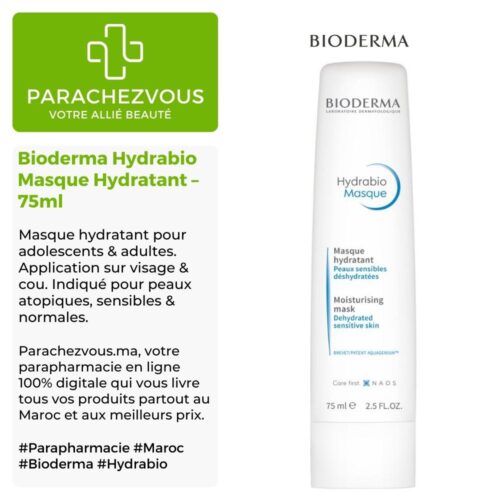 Produit de la marque Bioderma Hydrabio Masque Hydratant - 75ml sur un fond blanc, vert et gris avec un logo Parachezvous et celui de la marque Bioderma ainsi qu'une description qui détail les informations du produit