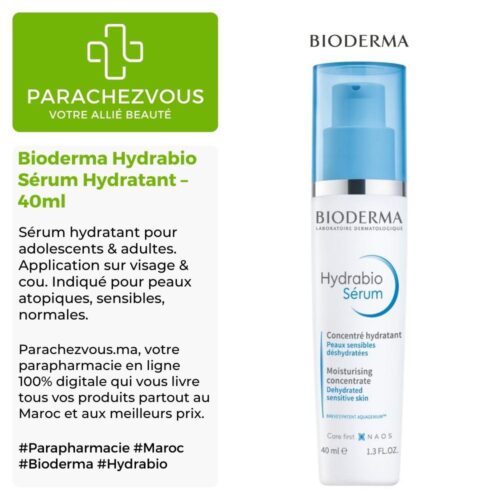 Produit de la marque Bioderma Hydrabio Sérum Hydratant - 40ml sur un fond blanc, vert et gris avec un logo Parachezvous et celui de la marque Bioderma ainsi qu'une description qui détail les informations du produit