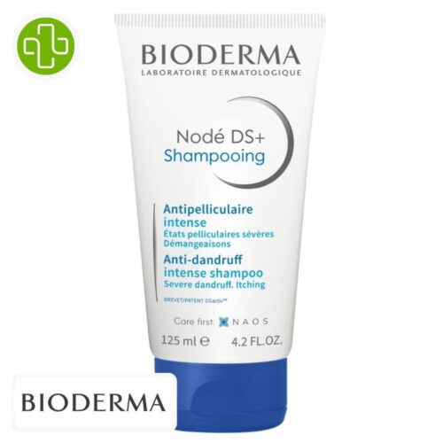 Produit de la marque Bioderma Nodé DS+ Shampooing Anti-Pelliculaire Intensif - 125ml sur un fond blanc avec un logo Parachezvous et celui de de la marque Bioderma