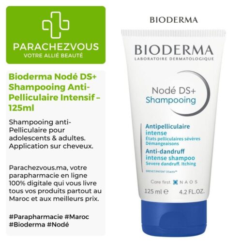 Produit de la marque Bioderma Nodé DS+ Shampooing Anti-Pelliculaire Intensif - 125ml sur un fond blanc, vert et gris avec un logo Parachezvous et celui de la marque Bioderma ainsi qu'une description qui détail les informations du produit