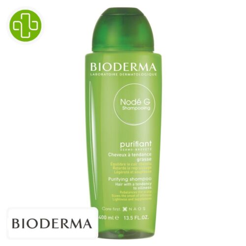 Produit de la marque Bioderma Nodé G Shampooing Purifiant - 400ml sur un fond blanc avec un logo Parachezvous et celui de de la marque Bioderma