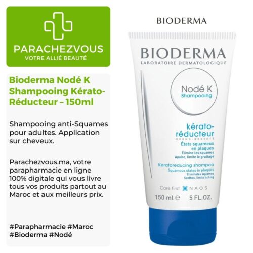 Produit de la marque Bioderma Nodé K Shampooing Kérato-Réducteur - 150ml sur un fond blanc, vert et gris avec un logo Parachezvous et celui de la marque Bioderma ainsi E7qu'une description qui détail les informations du produit