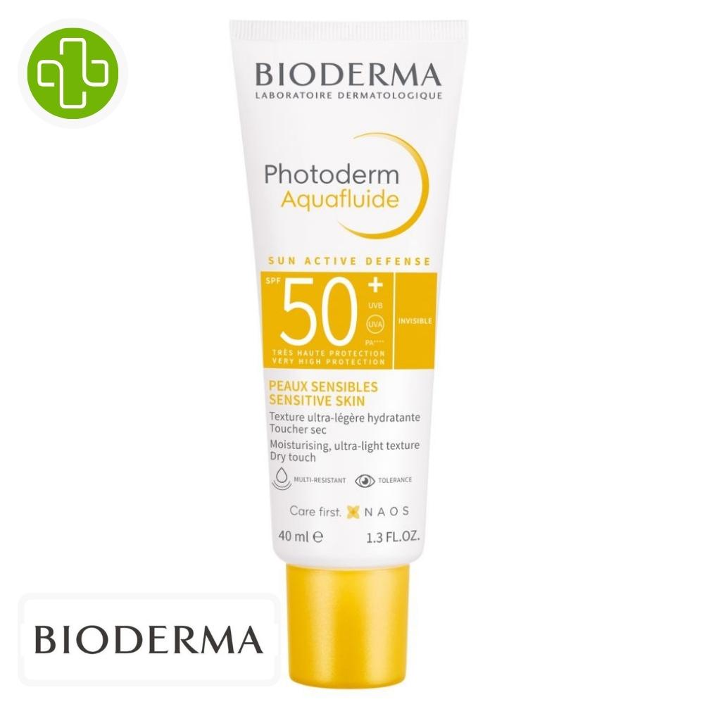 Produit de la marque Bioderma Photoderm Aquafluide Solaire Invisible Spf50 - 40ml sur un fond blanc avec un logo Parachezvous et celui de de la marque Bioderma