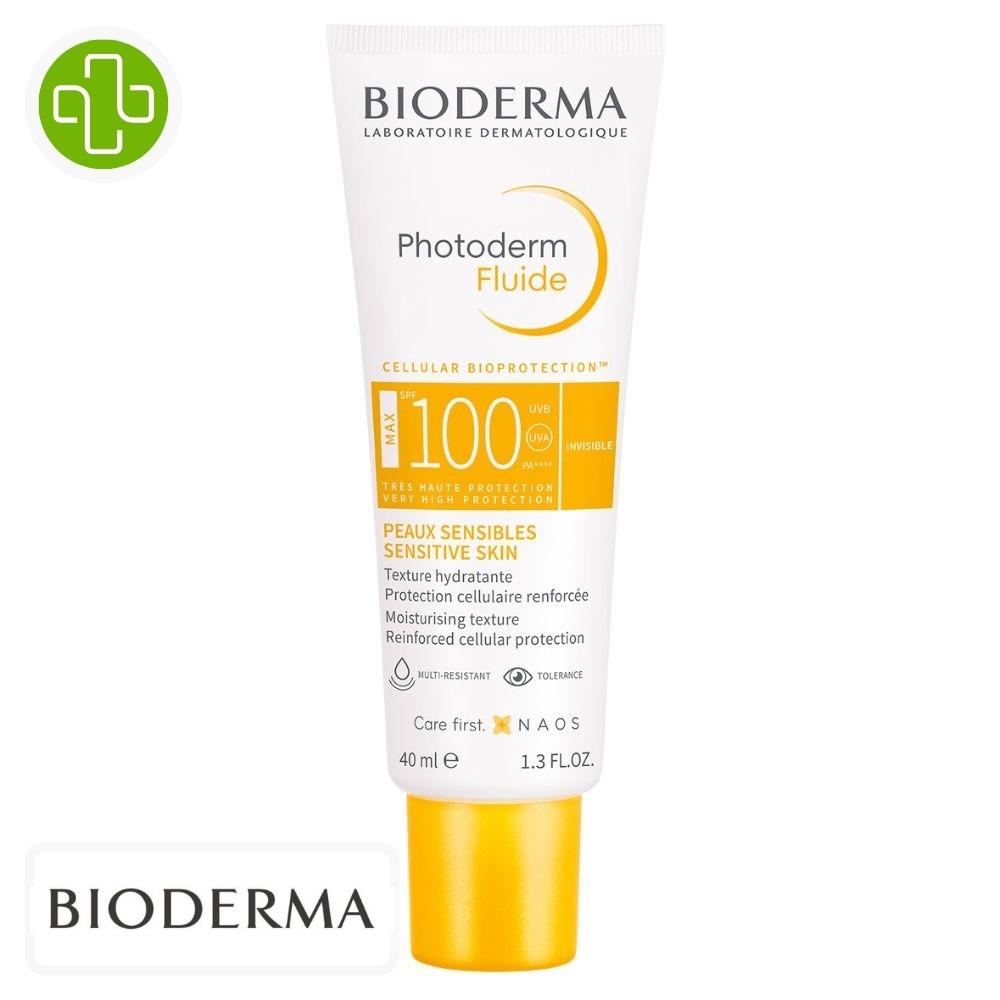 Produit de la marque Bioderma Photoderm Max Fluide Solaire Hydratant Invisible Spf100 - 40ml sur un fond blanc avec un logo Parachezvous et celui de de la marque Bioderma