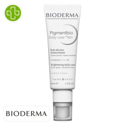 Produit de la marque Bioderma Pigmentbio Daily Care Soin de Jour Éclaircissant Spf50 - 40ml sur un fond blanc avec un logo Parachezvous et celui de de la marque Bioderma