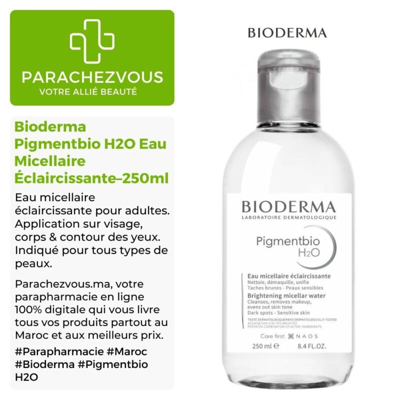 Produit de la marque bioderma pigmentbio h2o eau micellaire éclaircissante - 250ml sur un fond blanc, vert et gris avec un logo parachezvous et celui de la marque bioderma ainsi qu'une description qui détail les informations du produit