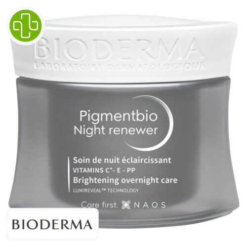 Produit de la marque Bioderma Pigmentbio Night Renewer Soin de Nuit Éclaircissant - 50ml sur un fond blanc avec un logo Parachezvous et celui de de la marque Bioderma
