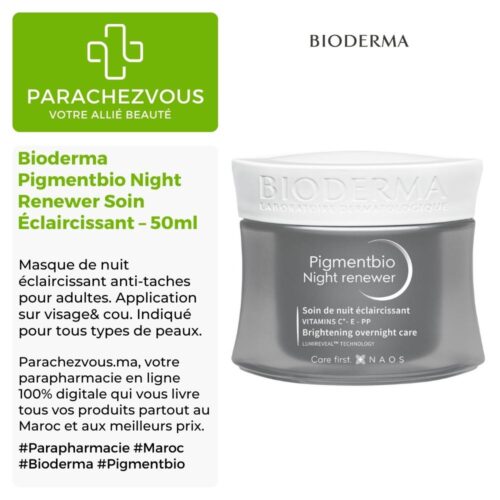 Produit de la marque Bioderma Pigmentbio Night Renewer Soin de Nuit Éclaircissant - 50ml sur un fond blanc, vert et gris avec un logo Parachezvous et celui de la marque Bioderma ainsi qu'une description qui détail les informations du produit