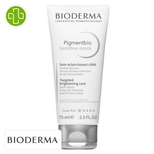 Produit de la marque bioderma pigmentbio sensitive areas soin éclaircissant ciblé - 75ml sur un fond blanc avec un logo parachezvous et celui de de la marque bioderma