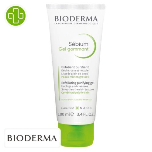 Produit de la marque Bioderma Sébium Gel Gommant Exfoliant Purifiant - 100ml sur un fond blanc avec un logo Parachezvous et celui de de la marque Bioderma
