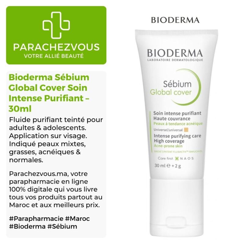 Produit de la marque Bioderma Sébium Global Cover Soin Intense Purifiant Haute Couvrance - 30ml sur un fond blanc, vert et gris avec un logo Parachezvous et celui de la marque Bioderma ainsi qu'une description qui détail les informations du produit