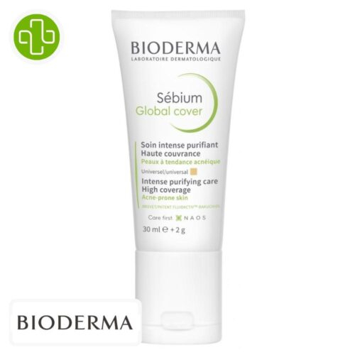 Produit de la marque Bioderma Sébium Global Cover Soin Intense Purifiant Haute Couvrance - 30ml sur un fond blanc avec un logo Parachezvous et celui de de la marque Bioderma
