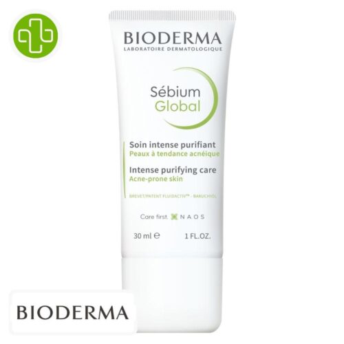 Produit de la marque Bioderma Sébium Global Soin Intense Purifiant - 30ml sur un fond blanc avec un logo Parachezvous et celui de de la marque Bioderma
