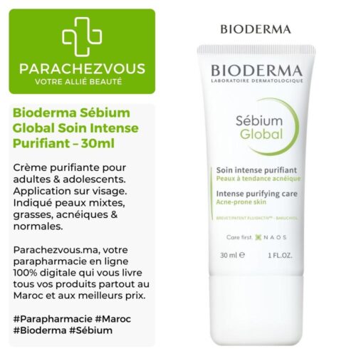 Produit de la marque Bioderma Sébium Global Soin Intense Purifiant - 30ml sur un fond blanc, vert et gris avec un logo Parachezvous et celui de la marque Bioderma ainsi E7qu'une description qui détail les informations du produit