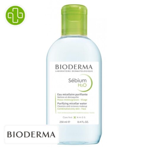 Produit de la marque Bioderma Sébium H2O Solution Micellaire Nettoyante Purifiante - 250ml sur un fond blanc avec un logo Parachezvous et celui de de la marque Bioderma