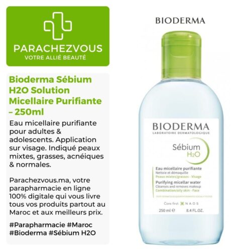 Produit de la marque Bioderma Sébium H2O Solution Micellaire Nettoyante Purifiante - 250ml sur un fond blanc, vert et gris avec un logo Parachezvous et celui de la marque Bioderma ainsi qu'une description qui détail les informations du produit