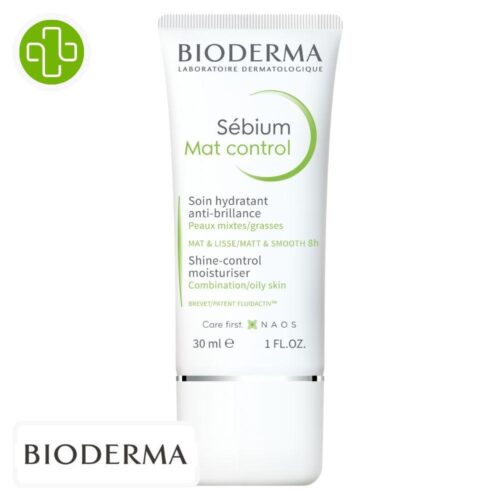 Produit de la marque Bioderma Sébium Mat Control Soin Hydratant Anti-Brillance - 30ml sur un fond blanc avec un logo Parachezvous et celui de de la marque Bioderma