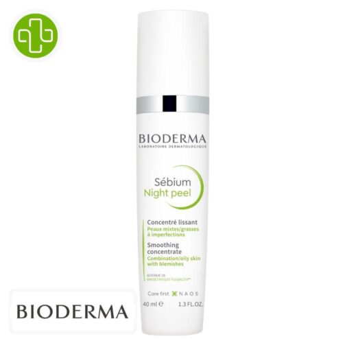 Produit de la marque Bioderma Sébium Night Peel Concentré Lissant - 40ml sur un fond blanc avec un logo Parachezvous et celui de de la marque Bioderma