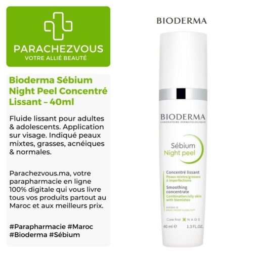 Produit de la marque Bioderma Sébium Night Peel Concentré Lissant - 40ml sur un fond blanc, vert et gris avec un logo Parachezvous et celui de la marque Bioderma ainsi qu'une description qui détail les informations du produit