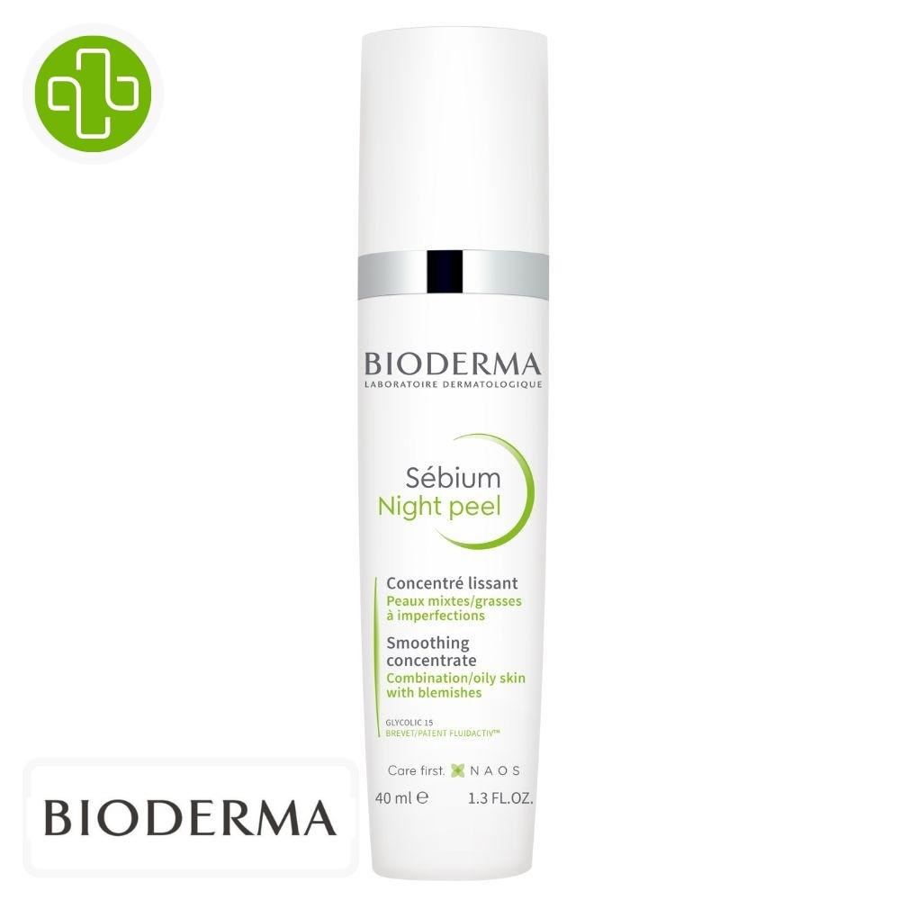 Produit de la marque Bioderma Sébium Night Peel Concentré Lissant - 40ml sur un fond blanc avec un logo Parachezvous et celui de de la marque Bioderma