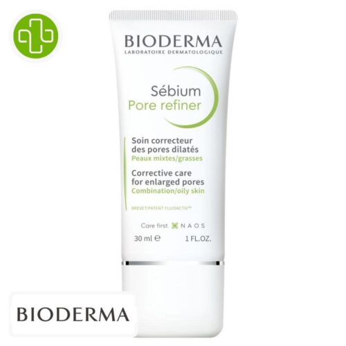 Produit de la marque Bioderma Sébium Pore Refiner Soin Correcteur Pores Dilatés - 30ml sur un fond blanc avec un logo Parachezvous et celui de de la marque Bioderma