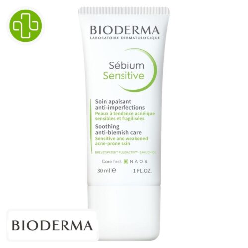 Produit de la marque Bioderma Sébium Sensitive Soin Apaisant Anti-Imperfections - 30ml sur un fond blanc avec un logo Parachezvous et celui de de la marque Bioderma