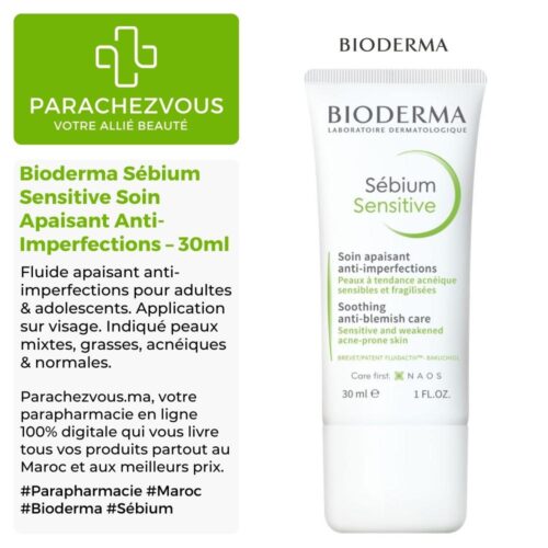 Produit de la marque Bioderma Sébium Sensitive Soin Apaisant Anti-Imperfections - 30ml sur un fond blanc, vert et gris avec un logo Parachezvous et celui de la marque Bioderma ainsi qu'une description qui détail les informations du produit
