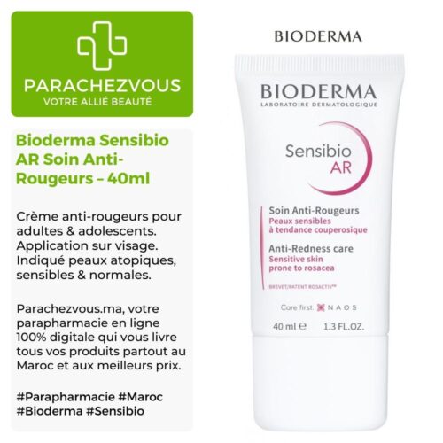 Produit de la marque Bioderma Sensibio AR Soin Anti-Rougeurs - 40ml sur un fond blanc, vert et gris avec un logo Parachezvous et celui de la marque Bioderma ainsi qu'une description qui détail les informations du produit