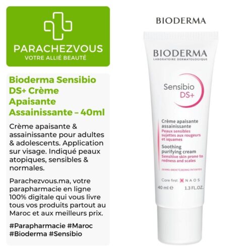 Produit de la marque Bioderma Sensibio DS+ Crème Apaisante Assainissante - 40ml sur un fond blanc, vert et gris avec un logo Parachezvous et celui de la marque Bioderma ainsi qu'une description qui détail les informations du produit