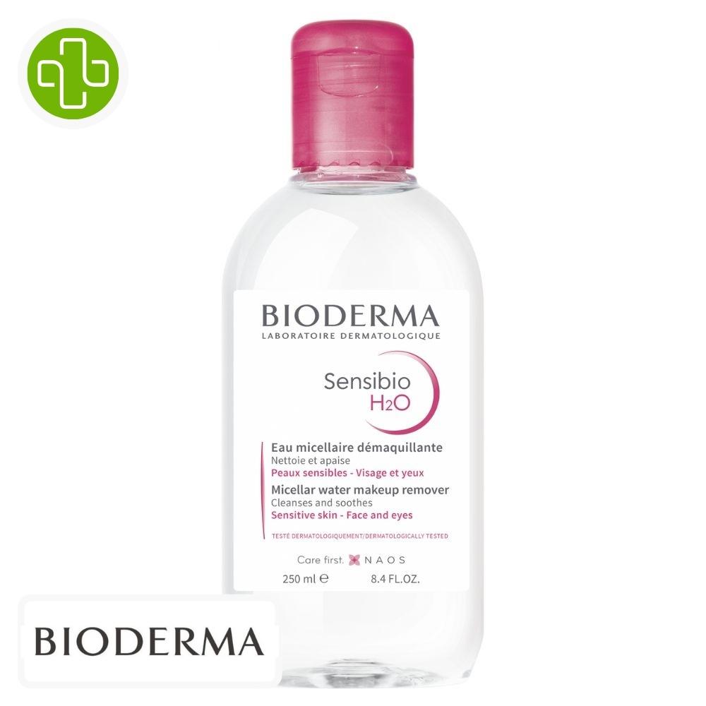 Produit de la marque Bioderma Sensibio H2O Eau Micellaire Démaquillante Apaisante - 250ml sur un fond blanc avec un logo Parachezvous et celui de de la marque Bioderma