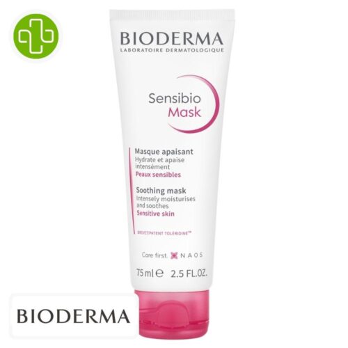 Produit de la marque Bioderma Sensibio Masque Apaisant - 75ml sur un fond blanc avec un logo Parachezvous et celui de de la marque Bioderma