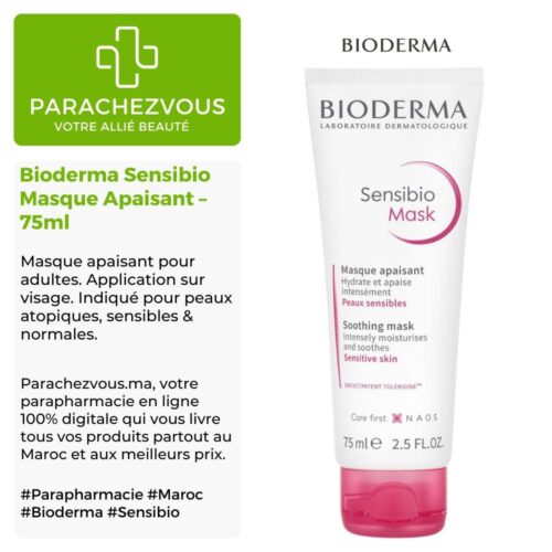 Produit de la marque Bioderma Sensibio Masque Apaisant - 75ml sur un fond blanc, vert et gris avec un logo Parachezvous et celui de la marque Bioderma ainsi qu'une description qui détail les informations du produit