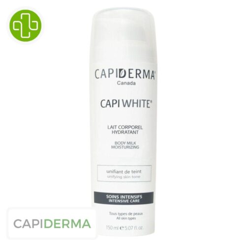 Produit de la marque Capiderma Capiwhite Lait Corporel Unifiant Hydratant Soins Intensifs - 150ml sur un fond blanc avec un logo Parachezvous et celui de de la marque Capiderma