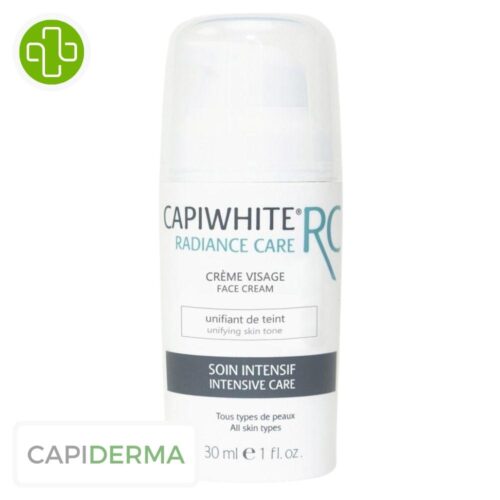 Produit de la marque Capiderma Capiwhite RC Radiance Care Crème de Jour Unifiante Soins Intensifs - 30ml sur un fond blanc avec un logo Parachezvous et celui de de la marque Capiderma