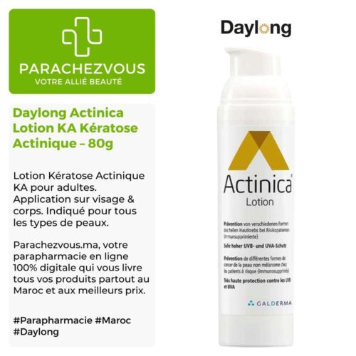 Produit de la marque daylong actinica lotion ka kératose actinique - 80g sur un fond blanc, vert et gris avec un logo parachezvous et celui de la marque daylong ainsi qu'une description qui détail les informations du produit