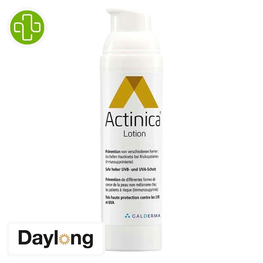 Produit de la marque daylong actinica lotion ka kératose actinique - 80g sur un fond blanc avec un logo parachezvous et celui de de la marque daylong