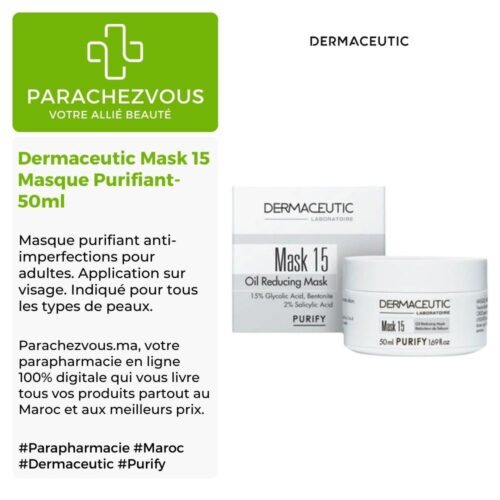 Produit de la marque Dermaceutic Mask 15 Masque Purifiant- 50ml sur un fond blanc, vert et gris avec un logo Parachezvous et celui de la marque Dermaceutic ainsi qu'une description qui détail les informations du produit